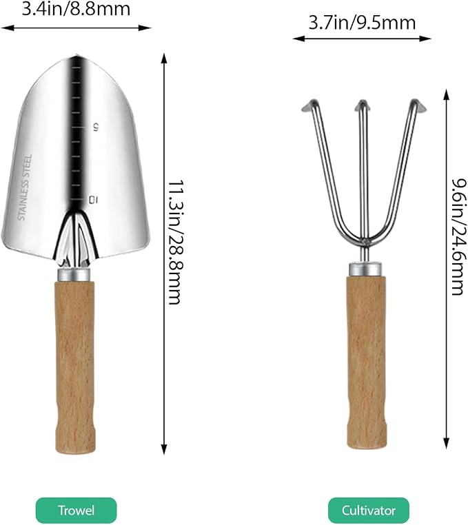 LeMotech Garden Tool Set, 2Pcs Gardening Hand Tools, Stainless Steel Trowel and Cultivator with Handle, Outdoor Gardening Kit for Women Men