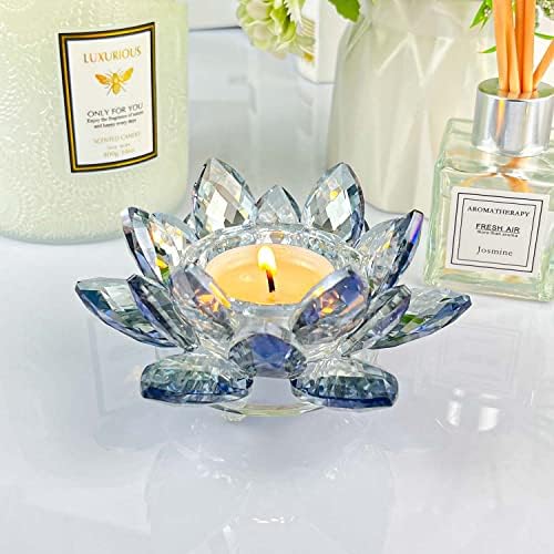 Crystal Lotus Flower Tealight Candle Holders/Glass Tea Light Candlestick Decor Decoration for Christmas Home Wedding Party… (Blue 2pcs) - Image 5