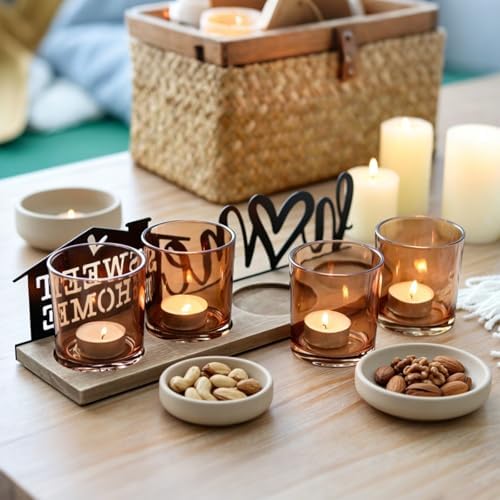 Amber Glass Candle Holder with Farmhouse Wood Tray, Sweet Home Tealight Holder Centerpiece for Dining Table, Rustic Metal Sign Votive Tray for Fireplace Mantel Living Room Decor Housewarming Gift - Image 4