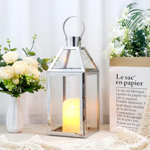 JHY Design Silver Decorative Lanterns 16inch High Stainless Steel Candle Lanterns with Tempered Glass for Indoor Outdoor Events Parities and Weddings by JHYDESIGN