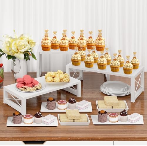 ELITEROO White 3-Tier Cupcake Stand & Wooden Display Riser, Dessert Stand for Cupcakes, Food, Perfume, Makeup, Dolls, Collectibles, Multi-Tiered Shelf Organizer for Market Vendors & Retail Display - Image 2