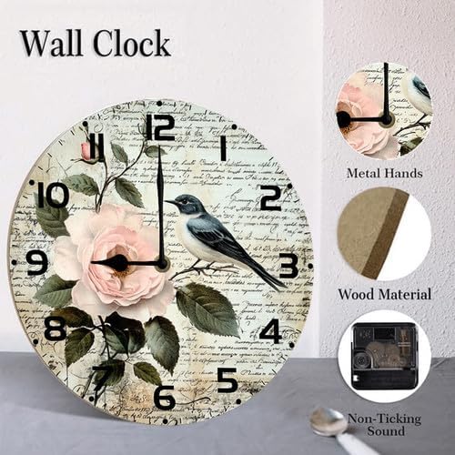 Love Birds Roses Flowers Wooden Silent Non-Ticking 10 Inch Round Clocks Battery Operated Analog for Living Room Kitchen Bedroom Bathroom Office Home School Decor