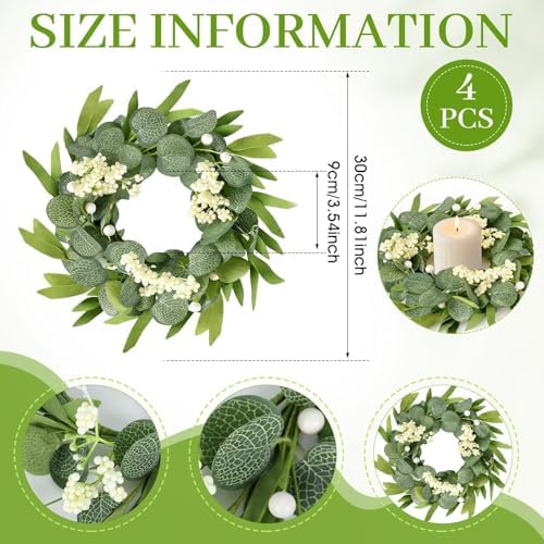 4 Pcs Green Artificial Eucalyptus Candle Rings Wreaths Mini Green Kitchen Cabinet Wreath Table Centerpieces Spring Summer with White Berry for Pillars Farmhouse Porch Front Door Wedding Decor - Image 3