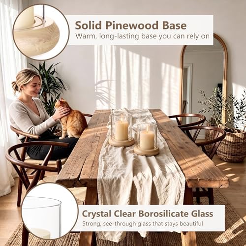 Set of 2 Hurricane Glass Candle Holders with Natural Brown Wood Base Decorative Candle Lantern, Farmhouse Rustic Boho Table Centerpieces Decor for Living Room, Outdoor Home Decor - Image 4