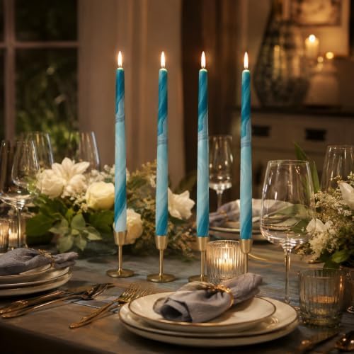 Blue Marble Taper Candles 10in-4 Pack Unscented for Table Decor - Image 2