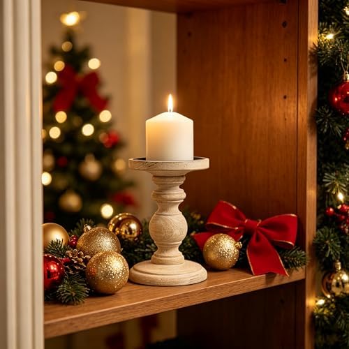 Hosley Antique White Wooden Pillar Candle Holder 7 Inch High - Rustic Country Farmhouse Decor, Wedding Centerpiece, Home Accent Gift - Image 3