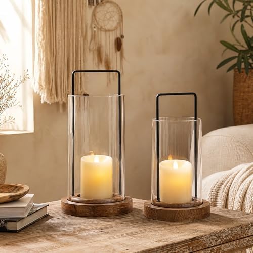 Farmhouse Hurricane Candle Holders Boho Pillar Candle Lantern Glass Wood by VIVIRENOIR
