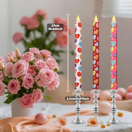 Valentine Taper Candles, 6 Pcs 10.6 Inch Flameless LED Candlesticks with Remote & Timer, Battery Operated Conversation Heart Decor for Valentine‘s Day Dinner Anniversary Wedding Table Decor - Image 4