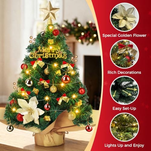 24 Inch Mini Christmas Tree Set with LED Lights, Tabletop Xmas Tree - Image 4