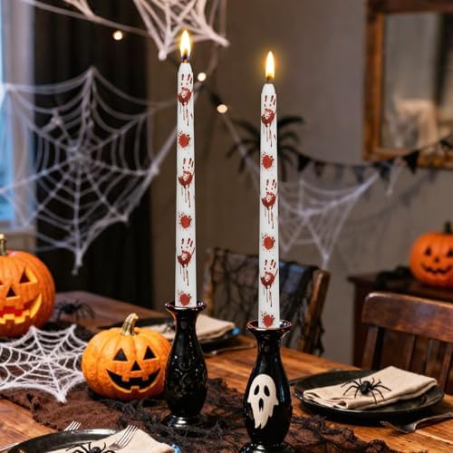 Halloween Decorations Taper Candles -YUKCAXDLS White Blood Handprint Horror Party Decor Candlestick Unscented Smokeless 10 Inch Tall Candle Set of 2 - Image 5