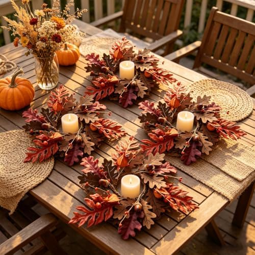 4 PCS Fall Maple Leaves Candle Ring Wreaths Autumn Wooden Leaves Candle Holder Rings with Acorns Berries Lantern Fruit Thanksgiving Harvest Wreath for Pillar Candles Farmhouse Table Centerpiece Decor - Image 6