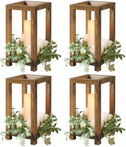 4 Pcs Wooden Lanterns Wedding Centerpiece for Tables, Farmhouse Candle Lantern, Perfect Centerpiece Table Decorations, Candle Holder Decorative for Wedding Party, Table Valentine Decor by Gloserin