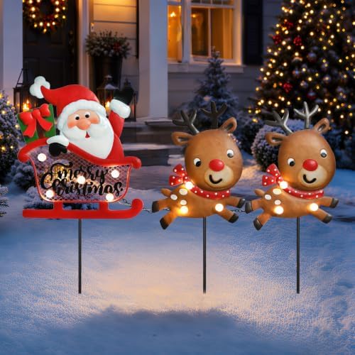 Christmas Yard Sign Stake, Lighted Santa and Reindeer Outdoor Decor by MUMTOP
