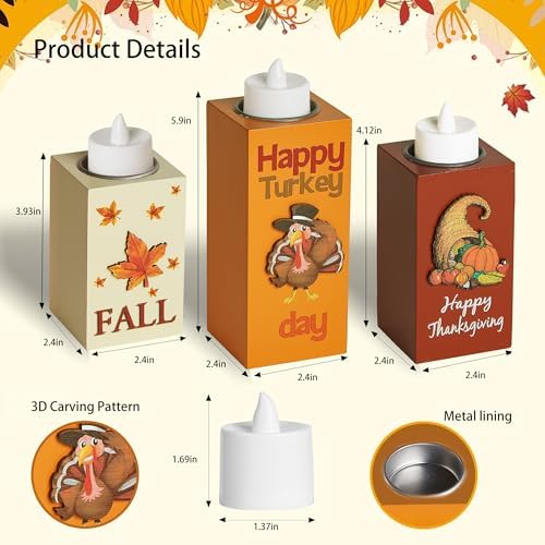 BlcTec Thanksgiving Decorations for Home 3 PCS Wood Candle Holders with LED Tea Lights & 3D Carving Craft, Rustic Candle Centerpieces for Home, Table, Office, Tiered Tray Fall Decor Thanksgiving Decor - Image 3