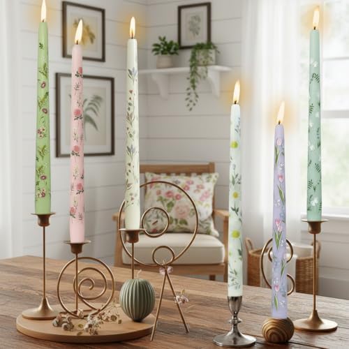Floral Toile Candle Sticks Print Smokeless Candlessticks 6 Pack Handmade Pastel Candle 10 inches Long Flower Tapered Candles for Dining Living Room Mantel Cozy Hygge Ambiance Everyday Home Decor - Image 5