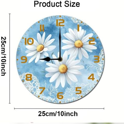 Chamomile Flowers Daisies Wooden Silent Non-Ticking 10 Inch Round Clocks Battery Operated Analog for Living Room Kitchen Bedroom Bathroom Office Home School Decor
