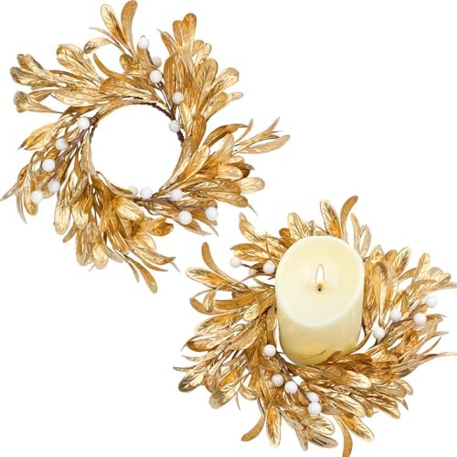 2 Pcs Gold Christmas Candle Rings Wreaths Artificial Gold Boxwood Leaf Wreath for Pillar 3.9 Inch Candles Holder for Christmas Xmas Winter Rustic Table Centerpiece Decor by Huiinen