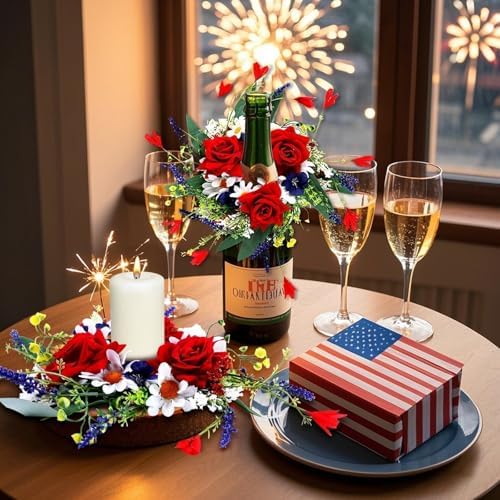 6 Pcs Patriotic Candle Ring Red, White and Blue Floral Veterans Day Wreath for Cabinets Mini Patriotic American Wreath 4th of July Independence Day Rings Wreaths for Pillars Table Window Door Decor - Image 5