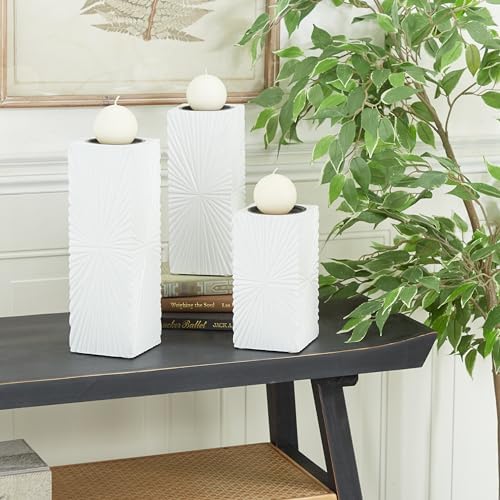CosmoLiving by Cosmopolitan Wood Geometric Carved Pillar Candle Holder, Set of 3 12", 10", 8"H, White - Image 5