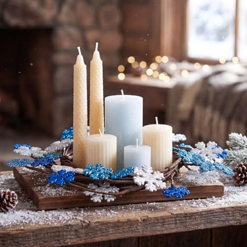 Daifunli 2 Pcs Winter Blue Snowflake Candle Rings Snowflake Wreath Glitter Vintage Wood Wreaths for Pillar 4.25 Inch Candles Holder for Winter Christmas Rustic Table Centerpiece Decor - Image 5