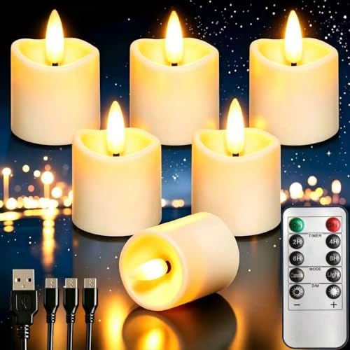 Rechargeable Flameless Tea Light Candles with Timer Remote, 1.5"x2.2" Electric Fake Flickering Votive Candles for Anniversary Wedding Centerpiece Table Decor Funeral Halloween Christmas (6 Pack) by Wherelightmeetssoul