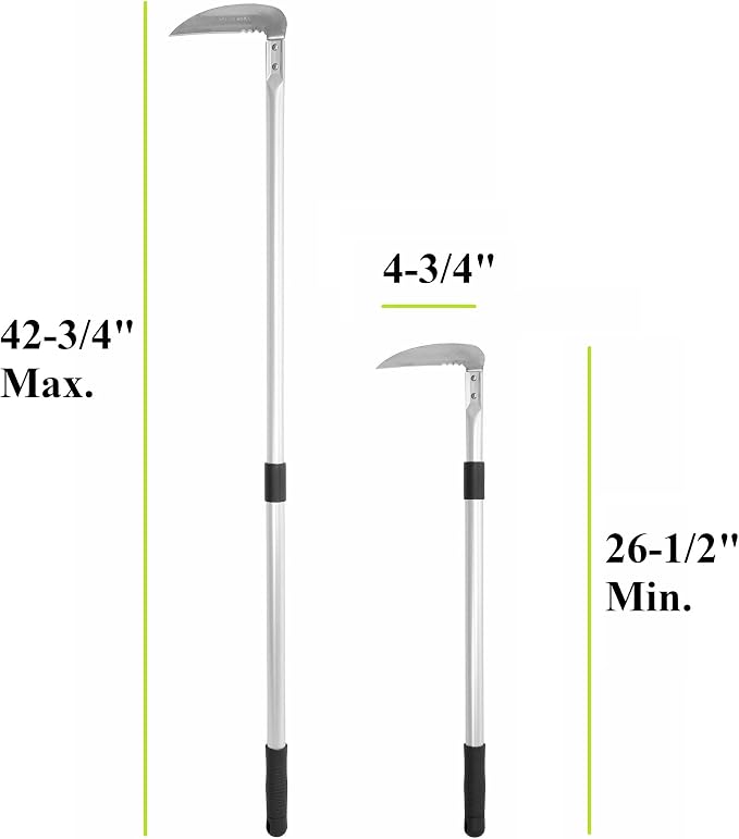 Weeding Sickle Long Handle Adjustable (26-1/2" to 42-3/4") Japanese Stainless Steel, Made in Japan, Telescoping Weeding Tool for Garden, Stand Up Weeder Sickle Hand Tool (Straight & Serrated Blade)