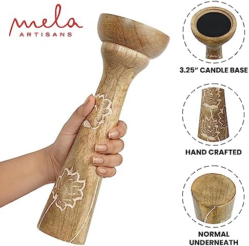 Mela Artisans Lotus Vine Mango Wood Candle Holders - Whitewash, Set of 3 - Image 3