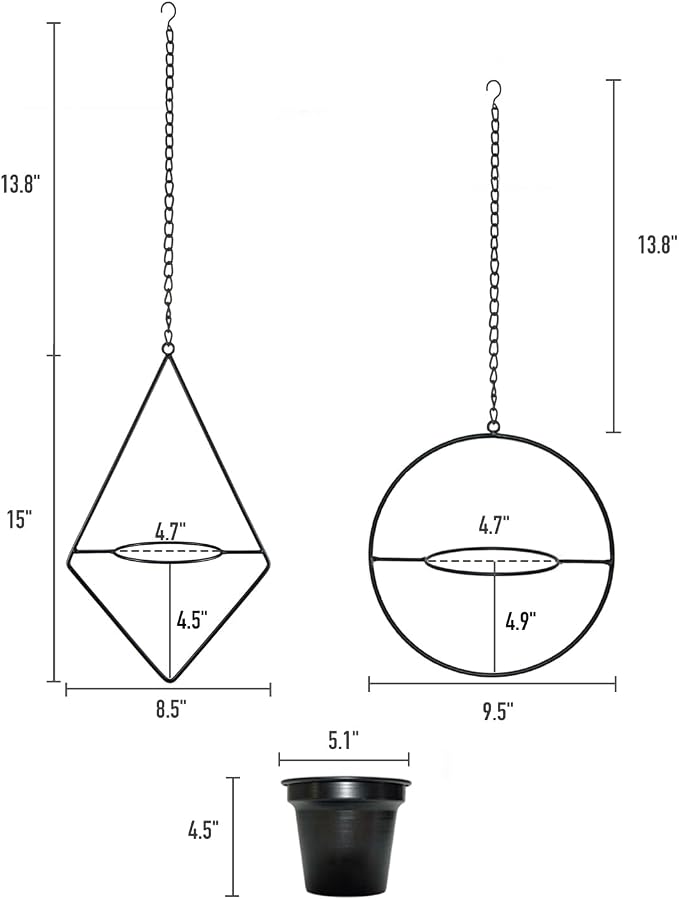 Modern Metal Hanging Planters Set of 2 - Round and Diamond Geometric Plant Hangers with 5 Inch Pots - Black Wall and Ceiling Mount Flower Holders for Indoor Houseplants, Boho Home Décor