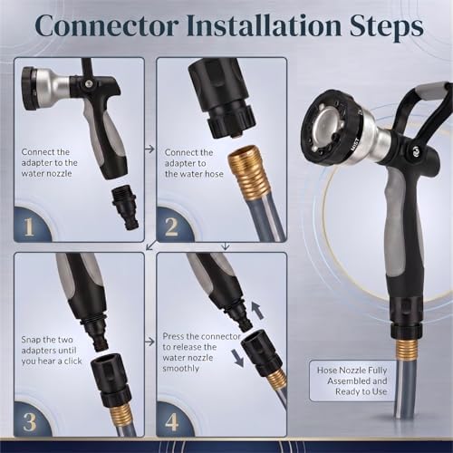 Garden Hose Nozzle with Quick Connect Set - Zinc Alloy High Pressure Sprayer, Fireman Style Handle for Car Wash & Plant Watering，Black-grey - Image 2