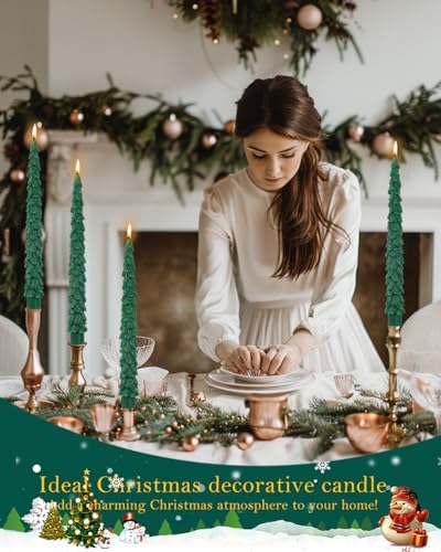 Christmas Tree Taper Candle Candlestick Unscented Candle for Home Decor Thanksgiving Party Dinner Candles Set of 4,10inch，Green - Image 2