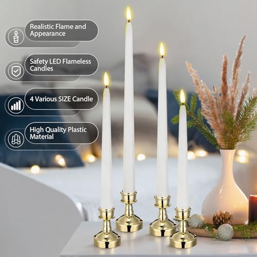 Rossesay 12 Pcs LED Taper Candles Holders, Gold Holder & White Candles - Image 4