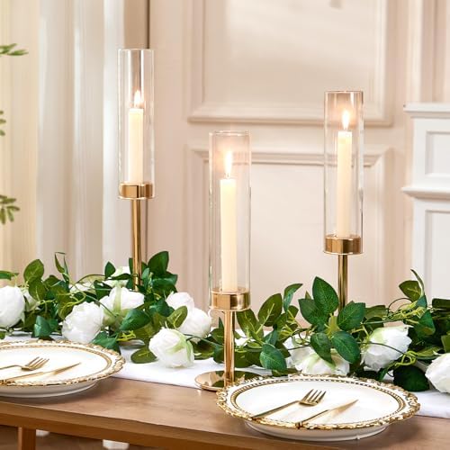 Gold Hurricane Glass Candle Holders Set of 6 Brass Taper Candlestick Holder - Image 4