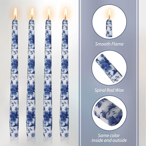 Floral Candle Sticks Printed Candlestick,Gedengni Set of 4 Spiral Taper Candle Long Twisted Candlesticks 10 inches Blue Flower Tapered Candles for Home Wedding Holiday Party (8D4T-BLUWHT) - Image 5