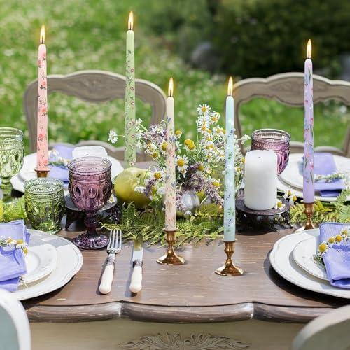 NJAO HOO Flower Candlesticks 10 in Straight Taper Candles Hand Printing Colored White Candlesticks Floral Tall Tapered Candle for Spring Home Garden Decor Simple Modern, 4Pcs - Image 3