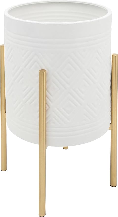 Decorative Flower Pots with Metal Stand for Home Decor - Modern Planters for Hallway, Entryway, and Living Room Decor - Indoor and Outdoor Pots for Plants - Set of 2, 23", 19", White & Gold