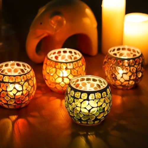 SHMILMH Mosaic Candle Holders Set of 4, Handmade Glass Tealight Votive Holders, Fall Thanksgiving Diwali Decor, Autumn Wedding Party Table Centerpiece, Brown Orange Green - Image 4