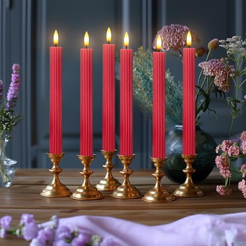 6 Pack, 10" LED Flameless Real Wax Red Fluted Ribbed Grooved Taper Candles, Remote & 24h Timer Memory, On/Off Button, Dimmable, Flicker Mode, Battery Operated, Wedding - Image 7