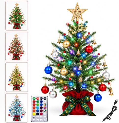 RGB Lighted Mini Christmas Tree, 72 LED 28 Colors Changing Artificial Christmas Decorations Tree for Home, 20in Tabletop Christmas Tree Lights with Multicolor Ball for Bedroom Living Room Party Decor by Livewithcolorfullights