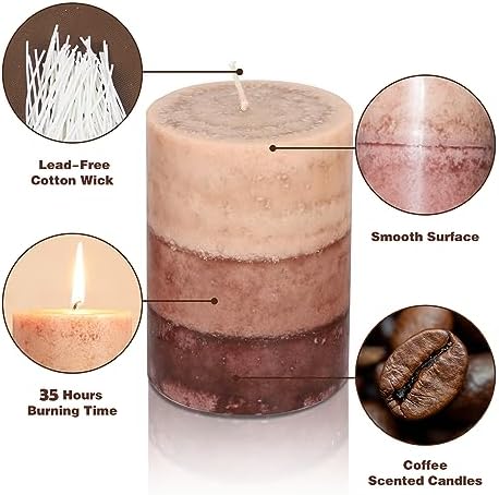Coffee Pillar Candles, Aromatherapy Scented Candles, 35+ Hours Burn Long Lasting, Set of 3 Tall 3x4 Inch Dripless Pillar Candle, for Wedding and Home Décor - Image 2