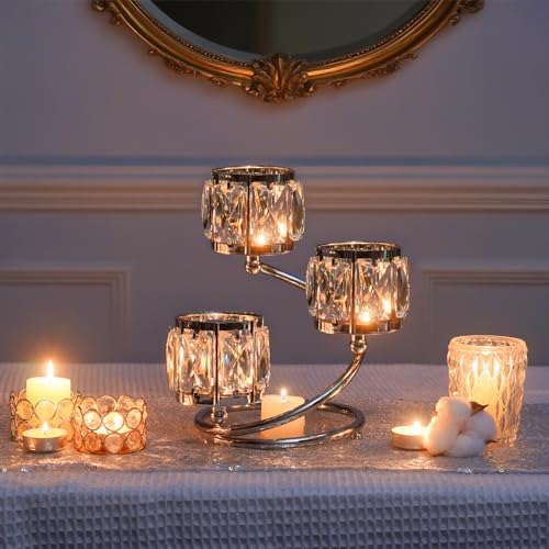 Metal 3 Arm Crystal Candle Holder - Tea Light Centerpiece Candle Holder, Votive Holder with Sparkling Crystal Bowl, Suitable for Wedding, Table Centerpiece, Home Decor (1, 3 arm-Silver) by KOLNLALA