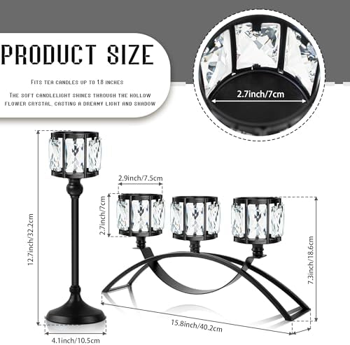 Black Set of 3 Crystal Candle Holders Arched - Elegant Tabletop Candelabra Centerpiece for Weddings, Dining Room Decor, Modern Home & Cabinet Display Housewarming - Image 2