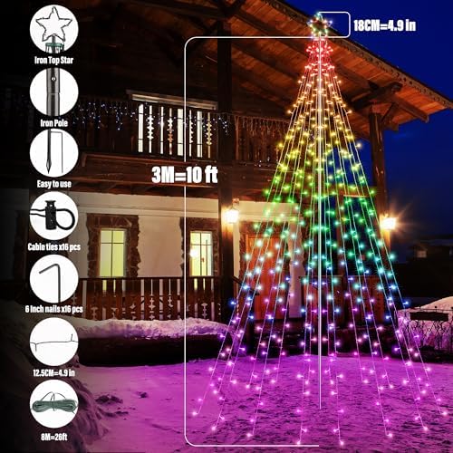 Lomotech RGB Color Changing Christmas Tree Lights - 10Ft 404 LED with 7.08" Topper, Remote Controll Waterproof Iron Pole Waterfall Holiday Tree Lights for Outdoor Christmas Decorations - Image 6