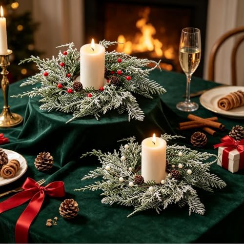 4 PCS Christmas Wreath Candle Rings Mini Wreath Pine Garland Artificial Frosted Cedar and Pine Cone Candle Rings Holder for Christmas Wedding Home Table Centerpiece Door Window Chair Wall - Image 4
