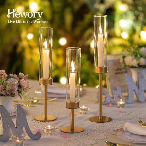 Hewory Gold Candlestick Holders: 6PCS Glass Hurricane with Brass Base - Image 4