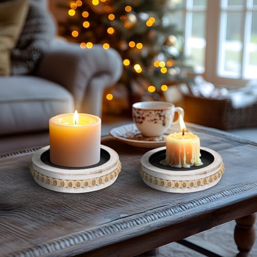 Candle Pedestal for Pillar Candle Set of 2, Rustic Round Beaded Risers Wood Tray, Farmhouse Wood Beaded Trayfor Tiered Tray, Candle, Mug Display Decorative, Table Centerpiece, Antique White - Image 5
