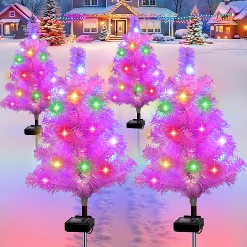 Solar Pink Christmas Tree Garden Stake 4 Pack Outdoor Christmas Tree Yard by TEDOF