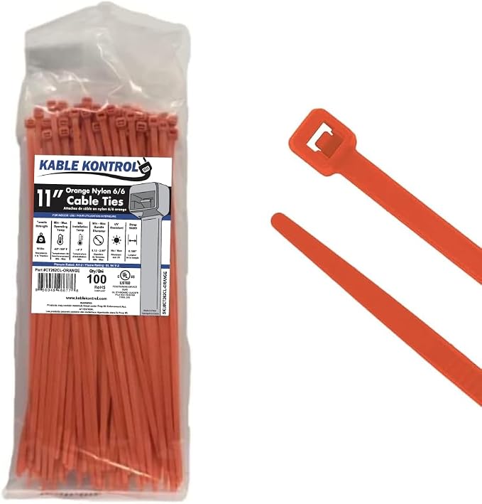 Kable Kontrol Orange Zip Ties 11 Inch 100 Pcs, 50 Lbs Tensile Strength, Self-locking Nylon Colored Cable Ties Wire Wraps for Indoor or Outdoor Use