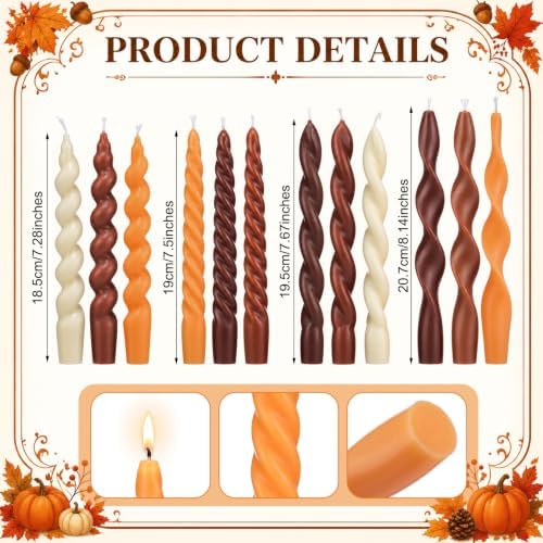 Nuanchu 12 Pcs Fall Spiral Taper Candles Set Twisted Wax Candlesticks 7.5 Inch Short Fall Spiral Wax Unscented Taper Candles for Wedding Birthday Autumn Party Dinner Table Decor - Image 3