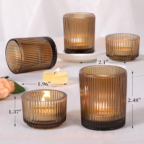 NITIME 20pcs Ribbed Amber Votive Candle Holders, Assorted Glass Tea Light Candle Holders for Fall Decor, Amber Candle Holders for Wedding Centerpieces, Thankgiving and Christmas Decorations - Image 2