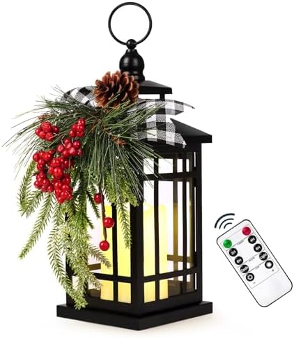 Metal Christmas Vintage Candle Lanterns with Remote Control and Led Light, Plaid Ribbon Decorative Hanging Lantern for Indoor Outdoor Xmas Porch Decorations Party Gift,WOKEISE by WOKEISE